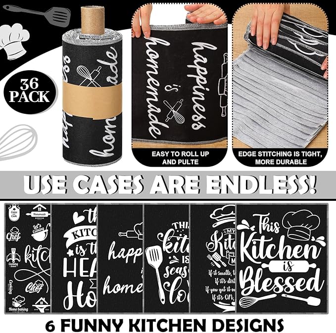 Mindsoft 36 Pcs Farmhouse Kitchen Homemade Reusable Paper Towels Rolls Washable Bulk Spring Kitchenware Black White Towels Paperless Reusable Cloth Cotton Napkins with Cardboard for Kitchen Bathroom