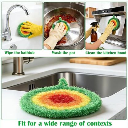5PCS Round Dish Scrubbies, Reusable Dish Scrubber Sponge, Kitchen Cleaning Cloth with Hooks, 6.3Inches in Diameter, Hand-Safe and Odor-Free, Strong Oil Resistance and Easy Foaming