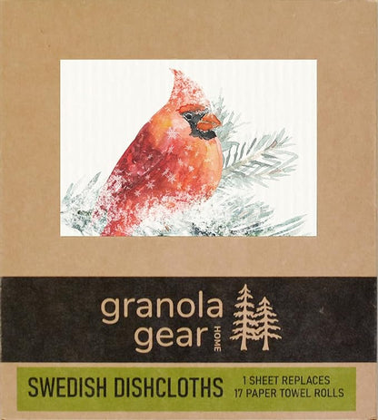Home by GranolaGear-Christmas Swedish Dishcloths for Kitchen 6-Pack Reusable Paper Towels, Eco-Friendly, Compostable, Biodegradable Dish Wash Cloth Sponge, Holiday Watercolor Snow Art-Winter Cardinal