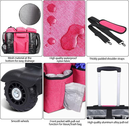 Extra large Rolling Cleaning caddy bag Built-in Hard Support Board,Cleaning Cart with Detachable Trolley, Housekeeping Cleaning caddy with Adjustable Shoulder Strap and Multiple Storage Pockets