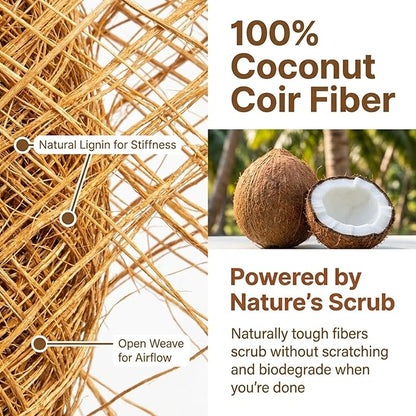 SQUIRREL Natural Coconut Coir Fiber Kitchen Scrubbers 12 Pack Biodegradable Non Scratch Dish Sponges for Eco Friendly Household Cleaning and Zero Waste Living