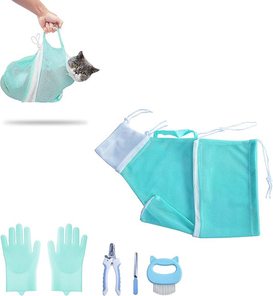KlerRoem Cat Bathing Bag, Adjustable Anti-bite and Anti-Scratch Cat Shower Mesh Grooming Bag for Pet Dogs and Cats, Includes Pet Nail Clipper, Nail File, Grooming Glove, and Cat Shell Comb