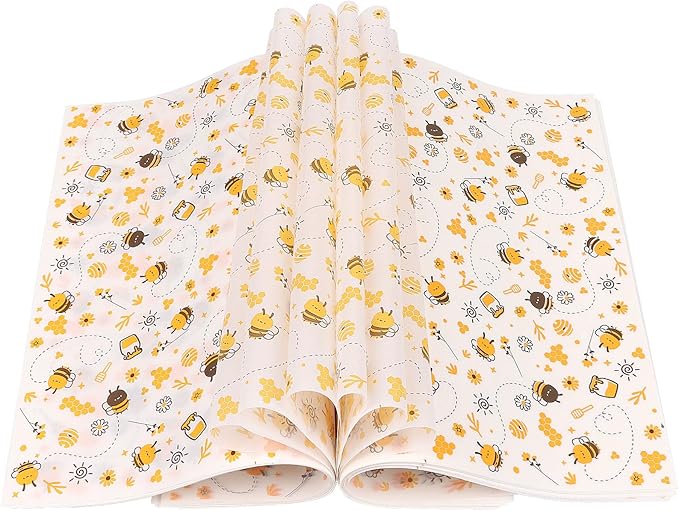 LOAVER 150 Pcs Wax Paper Sheets for Food, Bee Day Waterproof Oilproof Wrapping Tissue with Bee Pattern for Kicthen Deli Baking Sandwich Cookies Picnic Basket Liners (9.84 x 9.84 Inch)