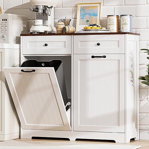 AHB Double Tilt Out Trash Can Cabinet for 2 Bins, Hidden Garbage Can Cabinet with Drawers, Wooden Trash Bin Cabinet, 10 Gallon Trash Can Holder Cabinet for Kitchen, Living Room, Laundry Room, White