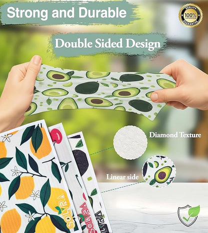 10 PCS Fruit Print Swedish Dishcloths for Kitchen 100% Biodegradable, Reusable Cellulose Sponge Cloths Ultra Absorbent, Eco Friendly Cleaning Towels Dishcloths for Washing Dishes & General Cleaning