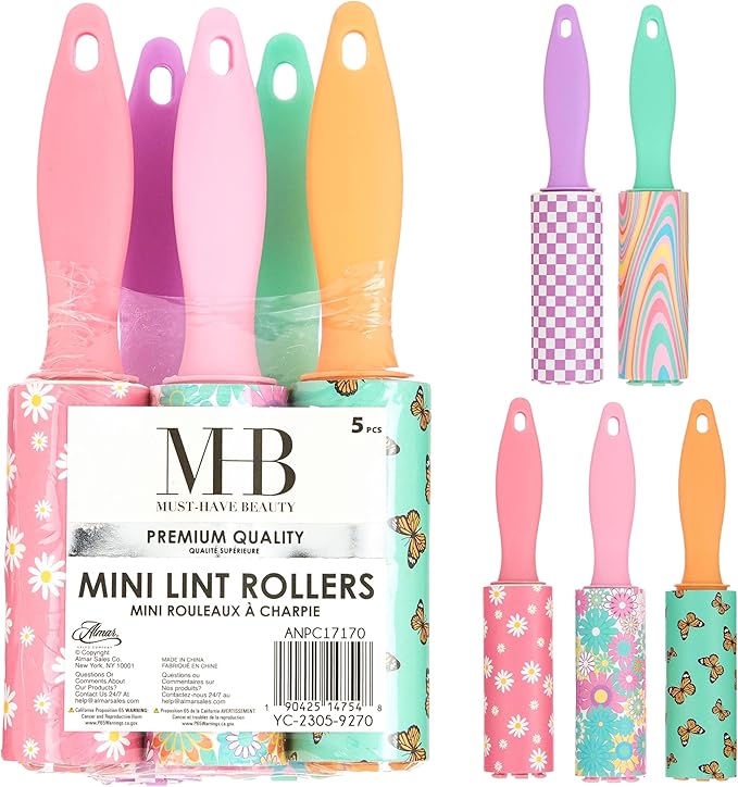 5pc Retro Mini Lint Roller Value Pack – Colorful Compact Rollers for Travel | Pet Hair & Lint Remover for Clothing & Household Use | Portable On-the-Go Lint Removers