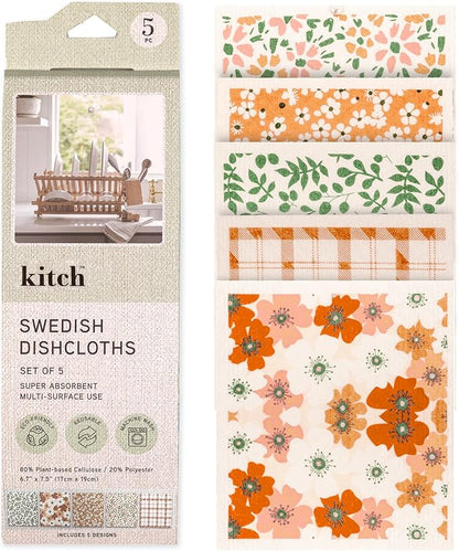 Swedish Dishcloths, Vintage Plant-Based Cellulose, 6.7x7.5 Inch, Super Absorbent, Multi-Surface, Machine Washable, Reusable, 5 Pack (Orange Green)