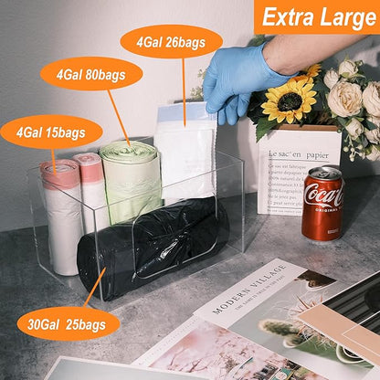 SEANADO Extra Large Trash Bag Dispenser Roll Holder, Wall Mount Acrylic Kitchen Under Sink Organizer Storage Box Large Garbage Bags (10.43” x 7.5” x 6.9” without Lid)