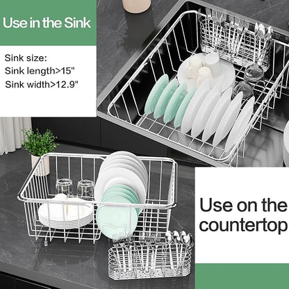 Fanbsy Large Dish Drainer Rack in Sink Adjustable, Expandable 304 Stainless Steel Metal Dish Drying Rack Organizer with Stainless Steel Utensil Holder Over Inside Sink Counter, Rustproof