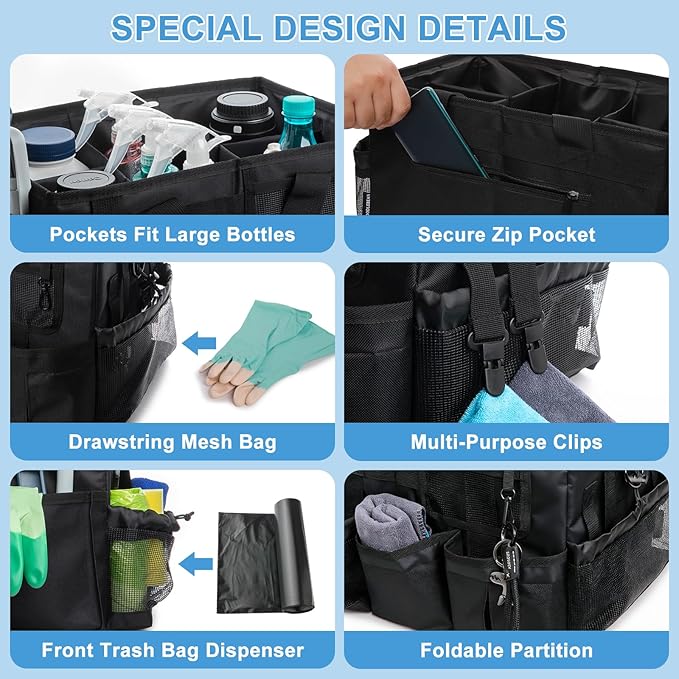Large Wearable Cleaning Caddy Bags, Cleaning Supplies Organizer with Detachable Divider & Adjustable Shoulder Straps for Housekeepers & Cleaners, 14 inch Black Tool Bag