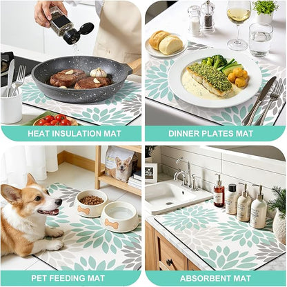 Findosom Floral Dish Drying Mat, 12" x 20" Super Absorbent & Hide Stain Coffee Mat, Cuttable Drying Mat for Kitchen Counter, Under Dish Rack, Coffee Maker, Espresso Machine, Teal
