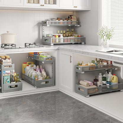 1 Pack 19IN Depth Under Sink Storage Organizer, Large 2-Tier Elegant Mesh Pull Out Shelf for Kitchen and Bathroom Cabinet Organization, L-Shaped and Adjustable Height Design-Gun Gray