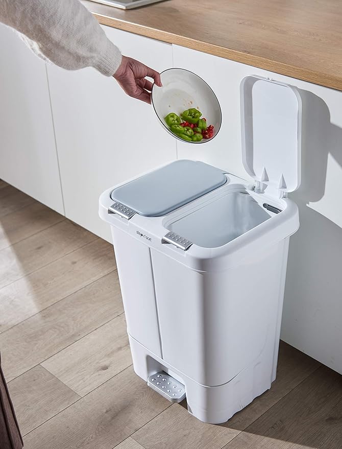 Step N' Sort 2 x 5.5 Gallon, Dual Trash and Recycling Bin with Slow Close Lid, White, 40 Liter (SNS402-W)