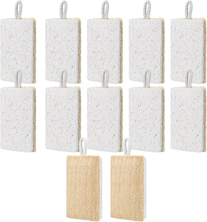 Sliner 12 Pack Natural Kitchen Sponges Compostable Cellulose Dish Scrubbers, Biodegradable Scrub Brushes Reusable Cleaning Loofah for Dishes Pots Pans Kitchen Bathroom Household