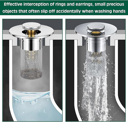 Vodolo 3 in 1 Sink Drain Strainer with Hair Catcher,4PCS Stainless Steel Popup Sink Stopper with Basket for Bathroom Kitchen Shower,Pop-up Bounce Core Floor Basin Drain Filter,Replacement Sink Plug