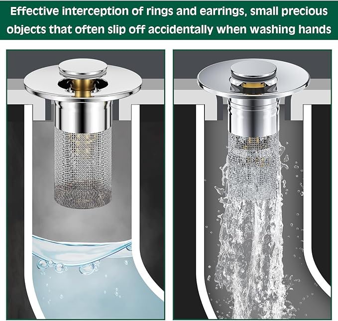 Vodolo 3 in 1 Sink Drain Strainer with Hair Catcher,8PCS Stainless Steel Popup Sink Stopper with Basket for Bathroom Kitchen Shower,Pop-up Bounce Core Floor Basin Drain Filter,Replacement Sink Plug