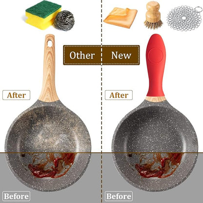 Patelai 7 Pieces Cast Iron Cleaner Set Include Stainless Steel Chainmail Scrubber with Bamboo Dish Scrub Brush Hot Handle Holder 2 Pan Grill Scrapers Kitchen Towel Wall Hook (Bright Color)