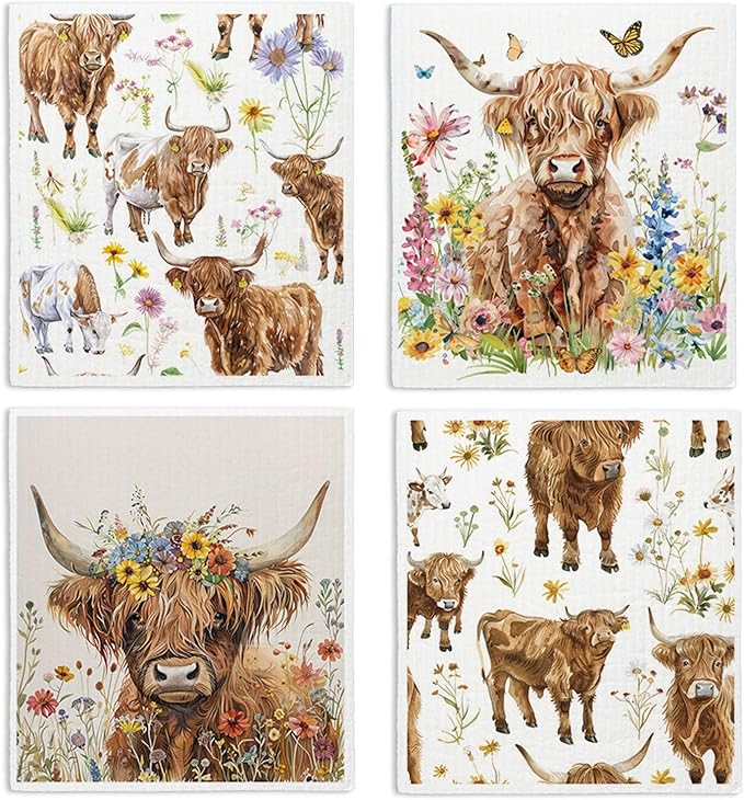 Highland Cow Floral Gifts Swedish Dishcloths for Kitchen, 4 Pack Dish Towels Housewarming Gift for Farmhouse Kitchen, Papaya Reusable Paper Towels Washable