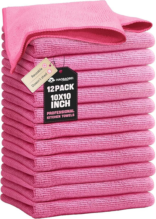 Kitchen Dish Cloths, 12 Pack, 10 x 10 Inches, Soft Absorbent Dish Towels, Lint Free Reusable Dish Rags for Dishwashing, Drying and Daily Cleanup, Hot Pink