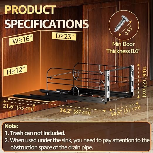 Double Pull Out Trash Can Under Cabinet with Soft-Close Slides, 200LB Heavy-Duty Black Under Sink Trash Can Pull Out for Kitchen, Fits Minimum Cabinet Opening 16" W x 23" D, Can Not Included