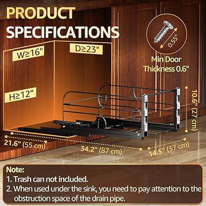 Double Pull Out Trash Can Under Cabinet with Soft-Close Slides, 200LB Heavy-Duty Black Under Sink Trash Can Pull Out for Kitchen, Fits Minimum Cabinet Opening 16" W x 23" D, Can Not Included