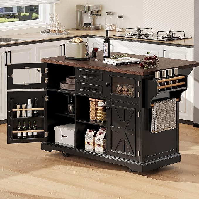 54.9" Large Kitchen Island with Drop Leaf, Power Outlet, Kitchen Storage Islands with Cross Barn Doors & Visual Glass Door, Rolling Kitchen Cart on 4 Wheels, Black