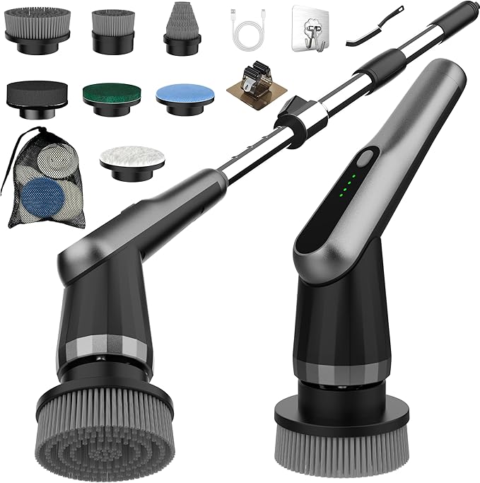 Scrubber Brush Electric, Cordless Spin Scrubber Waterproof IPX7 Shower Scrubber with Adjustable Long Handle, 7 Replaceable Brush Heads Shower Scrubber for Bathroom/Kitchen/Window
