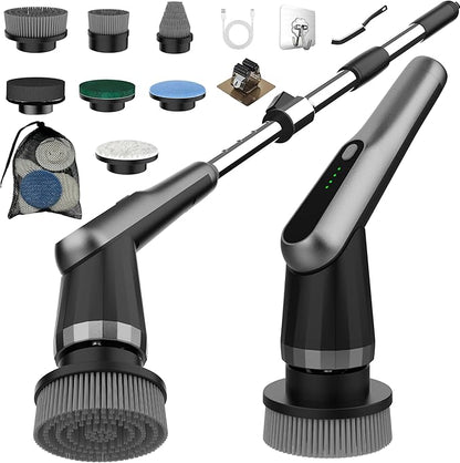 Scrubber Brush Electric, Cordless Spin Scrubber Waterproof IPX7 Shower Scrubber with Adjustable Long Handle, 7 Replaceable Brush Heads Shower Scrubber for Bathroom/Kitchen/Window
