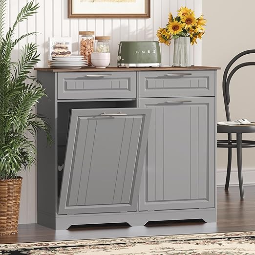 Double 10 Gallon Tilt Out Trash Can Cabinet with Deodorizing Function, Wooden Hidden Garbage Can Holder with Storage Drawers for Kitchen and Dining Room, Laundry Hamper Cabinet for Bathroom, Grey