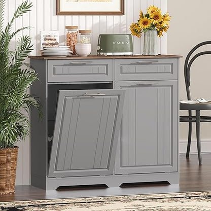 Double 10 Gallon Tilt Out Trash Can Cabinet with Deodorizing Function, Wooden Hidden Garbage Can Holder with Storage Drawers for Kitchen and Dining Room, Laundry Hamper Cabinet for Bathroom, Grey
