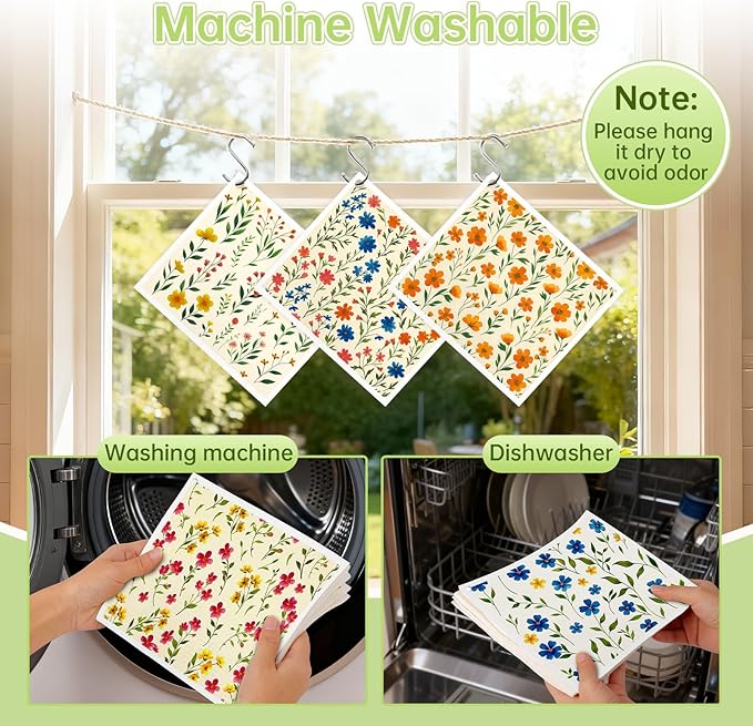 Swedish Dishcloths for Kitchen, 5 Pack Floral Flowers Reusable Paper Towels with 3 Hooks, Washable Dish Cloth Set, Absorbent Cleaning Cloth for Washing Dishes Housewarming Gifts for Friend