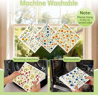 Swedish Dishcloths for Kitchen, 5 Pack Floral Flowers Reusable Paper Towels with 3 Hooks, Washable Dish Cloth Set, Absorbent Cleaning Cloth for Washing Dishes Housewarming Gifts for Friend