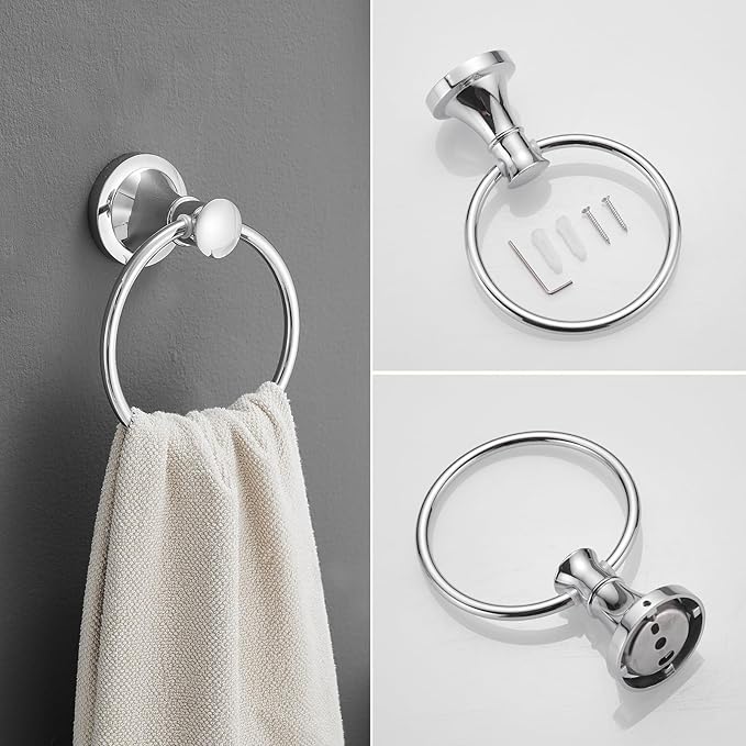 RUMOSE Toilet Paper Holder and Hand Towel Ring Polished Chrome Wall Mount Bathroom Hardware Accessories 2 PCS Set Flexible Pivoting Toilet Tissue Roll Holder and Towel Hanger, Stainless Steel