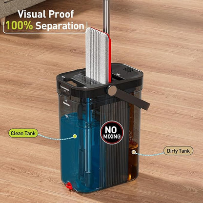 HoMettler Transparent Mop and Bucket Set with Separate Dirty & Clean Water, 65" Flat Mop for Floor Cleaning, 4 Machine Washable Microfiber Pads for Wood Tile-Black