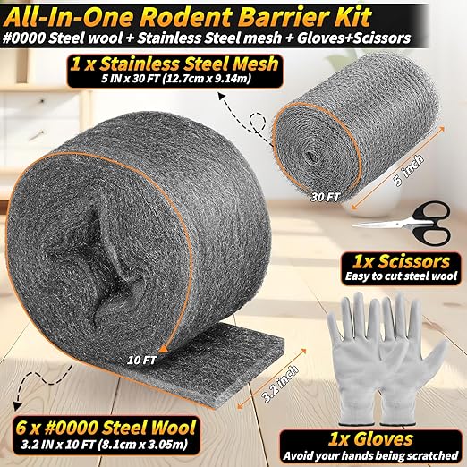 Steel Wool Mice Control, 6 Pack 3.2" x60 FT #0000 Steel Wool Roll &1 Pack 5" x30 FT Wire Mesh, Mouse Hole Filler for House Garage Garden, Extra Fine Stainless Steel Wool for Polishing Chrome Glass