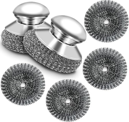 Stainless Steel Scrubber with Handle, Heavy Duty Steel Wool Scrubbers for Pots and Pans, Cast Iron, Steel Wool Scouring Pads for Stove, Oven, Grill, Kitchen, Sink Cleaning