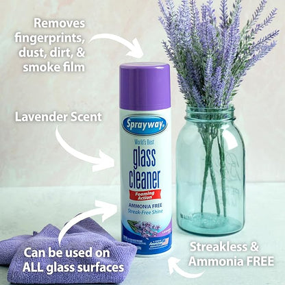 Sprayway Glass Cleaner Lavender Scent Foaming Aerosol Spray, 19oz, Ammonia-Free, Streakless, Fast-Acting | Cleans & Polishes Glass Surfaces | Removes Fingerprints, Dust, Dirt, 6 Count (Pack of 2)