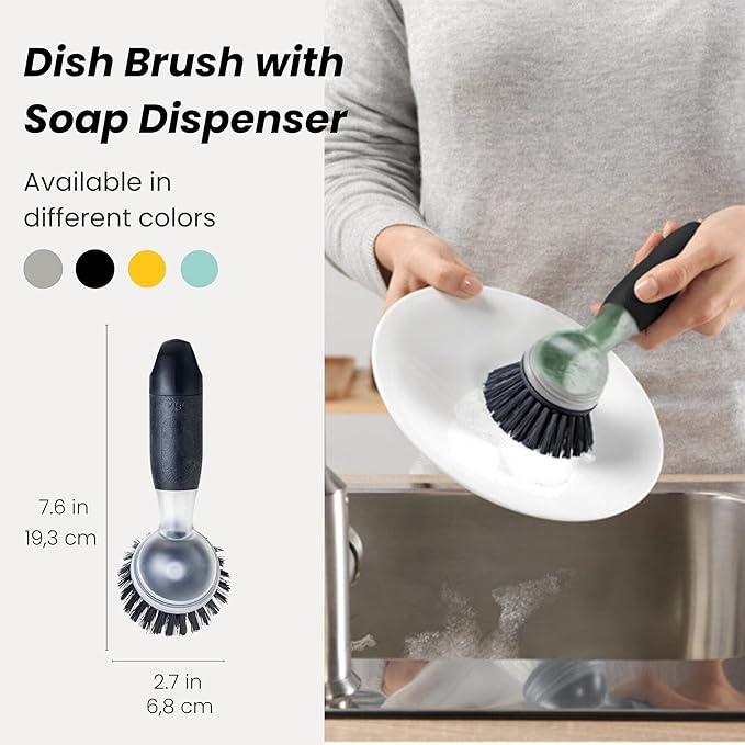 Vigar Rengo Dish Brush with Soap Dispenser - Dish Scrubber with Handle, Kitchen Scrub Brush for Dishes, Sink Cleaning Brush, Soap Dispensing Dish Wand with Nylon Bristles, Non Scratch - Black