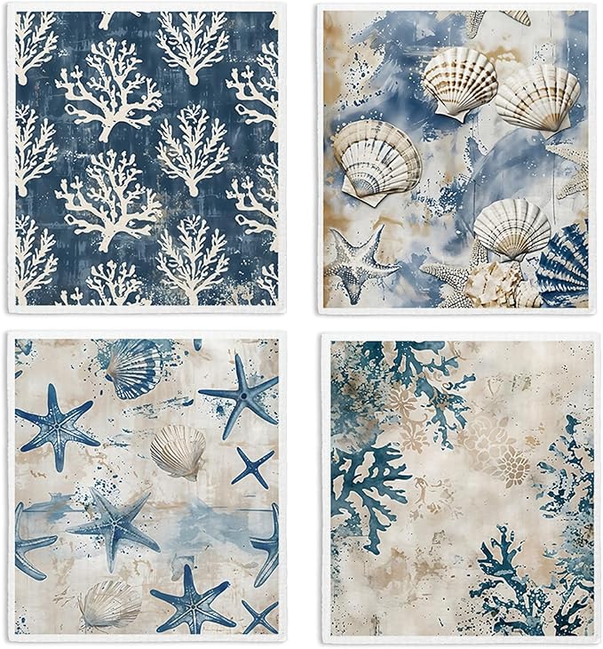 Beach Ocean Swedish Dishcloths for Kitchen, Shells Starfish Swedish Dish Cloths for Ocean, 4 Pack Dish Towels for Kitchen, Papaya Reusable Paper Towels Washable