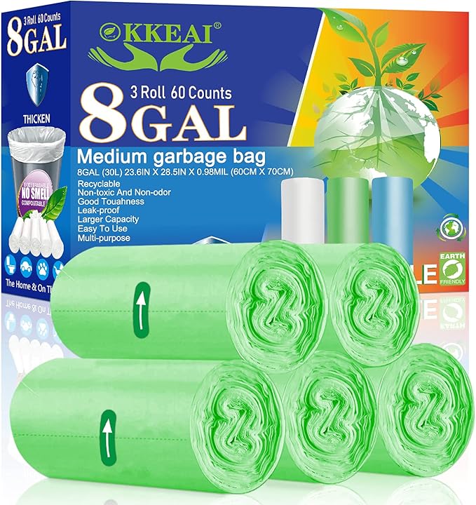 OKKEAI 30L Trash Bags 8 Gallon Medium Garbage Bags Thicker 0.98 MIL Trash Can Liners Bags Wastebasket Liners for Kitchen,Office, Lawn,Garden, Patio,60 Count (Fits 7 8 9 10 Gallon Bins)