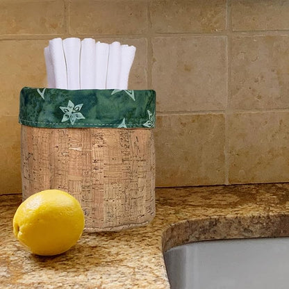 Reusable Paper Towel Set/Towels & Cork Fabric Basket/American Made/Machine Washable/Absorbent and Durable Edges/No Pilling (Reversible Green Star & Cork Bin, 12 Cloths)