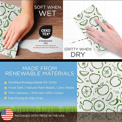 LOLA Swedish Dishcloths XL on a Roll, 30 Sheets, Fruit Pattern, Perforated Tear-Off 11" x 10" Sheets w/Hook, Reusable Absorbent Unpaper Towels Cellulose Sponge Cloth Biodegradable Made in Germany
