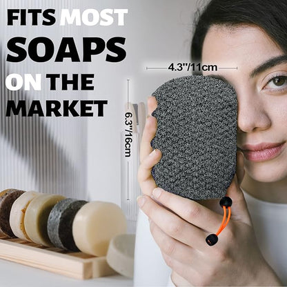 MIG4U Exfoliating Soap Bag for Shower 2 Pieces - Bar Soap Saver Pouch, Bamboo Body Scrubber Exfoliator Pocket in Travel Bathing, Grey, Double Layer