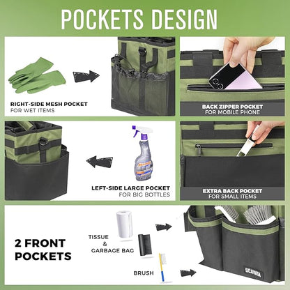 SCAVATA Compact Wearable Cleaning Caddy, Small Cleaning Caddy Supplies Organizer with Handle & Shoulder Straps for Housekeepers, Under Sink & Car Cleaning Tool Organizers Bag (Armygreen)