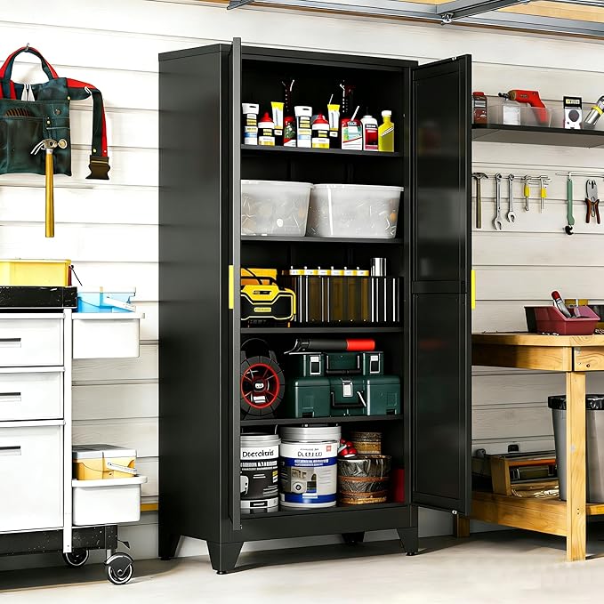 71" H Metal Garage Storage Cabinets,Black Storage Cabinets,Broom Closet Storage Cabinet,Utility Cabinet,