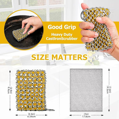 Cast Iron Scrubber,Easily Removes Stains, Protects Coatings, with Bamboo Fiber Cloth & Pan Scraper, Ideal for Cast Iron Pans, Dutch Roast Pans