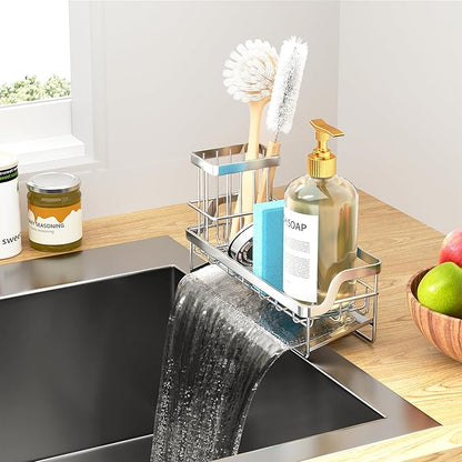 Consumest Sponge Holder for Kitchen Sink - Sink Caddy with Stainless Steel Self Drain Tray, Sink Organizer with High Brush Holder Countertop for Kitchen Sink Accessories, Silver