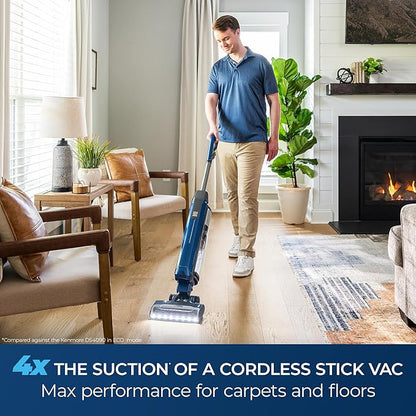 Kenmore CU5001 Litening Cordless Upright Vacuum with Lift-Up & Hair Eliminator Nozzle, Brushless Motor, HEPA Filter & LED Display for Low-Pile Carpets, Rugs, Hard Floors & Pets, Blue