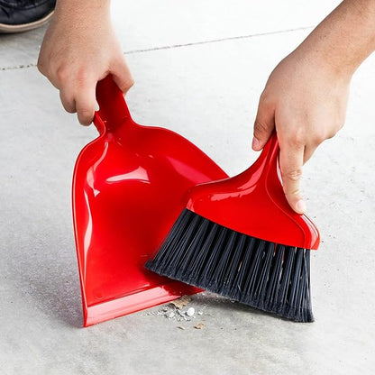 Heavy Duty Whisk Broom Dustpan Combo with Red Handle and Black Fibers, 10.25-inch Wide dust pan Opening with 6.75-inch Wide Broom