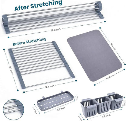 Havenity™ Expandable Roll Up Dish Drying Rack with Drying Mat - Adjustable Up to 22.75" with 2 Free Attachments & 2 Removable Baskets, 304 Stainless Steel Over The Sink Dish Drying Rack Cover Kitchen